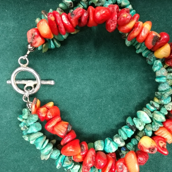 Turquoise Chip & Coral Bracelet 3 Strand 925 Sterling Silver 8" Long - Picture 10 of 16